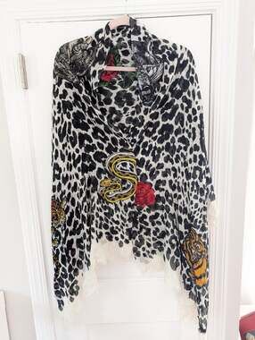 Franco Ferrari Italy Luxury Leopard & Tattoo Animal Print Scarf Wrap